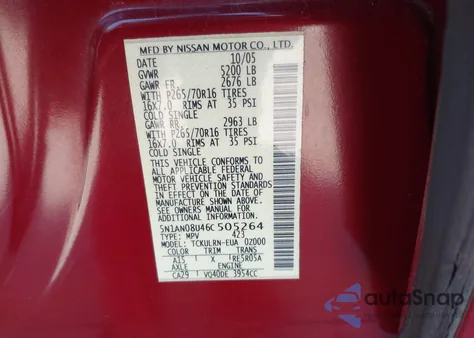 2006 Nissan Xterra S z USA, uszkodzony, nr VIN 5N1AN08U46C505264